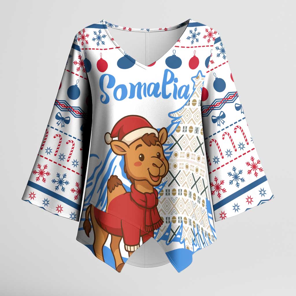 Somalia Christmas Kimono Sleeve Blouse with Santa on Camel Christmas Tree Ornaments Candy Canes and Snowflake - Wonder Print Shop