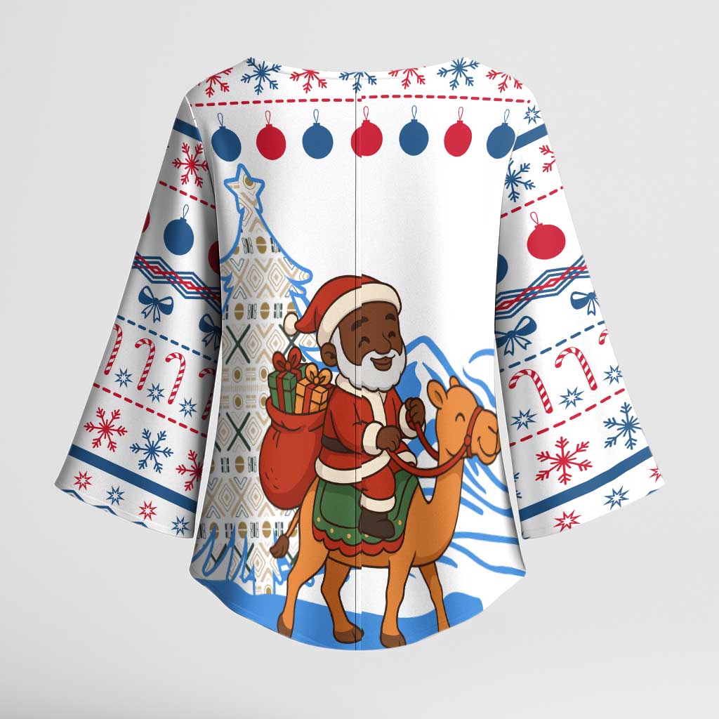 Somalia Christmas Kimono Sleeve Blouse with Santa on Camel Christmas Tree Ornaments Candy Canes and Snowflake - Wonder Print Shop
