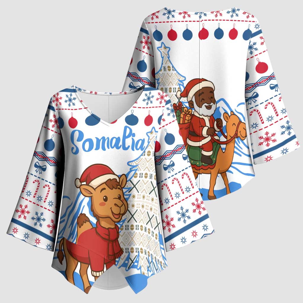Somalia Christmas Kimono Sleeve Blouse with Santa on Camel Christmas Tree Ornaments Candy Canes and Snowflake - Wonder Print Shop