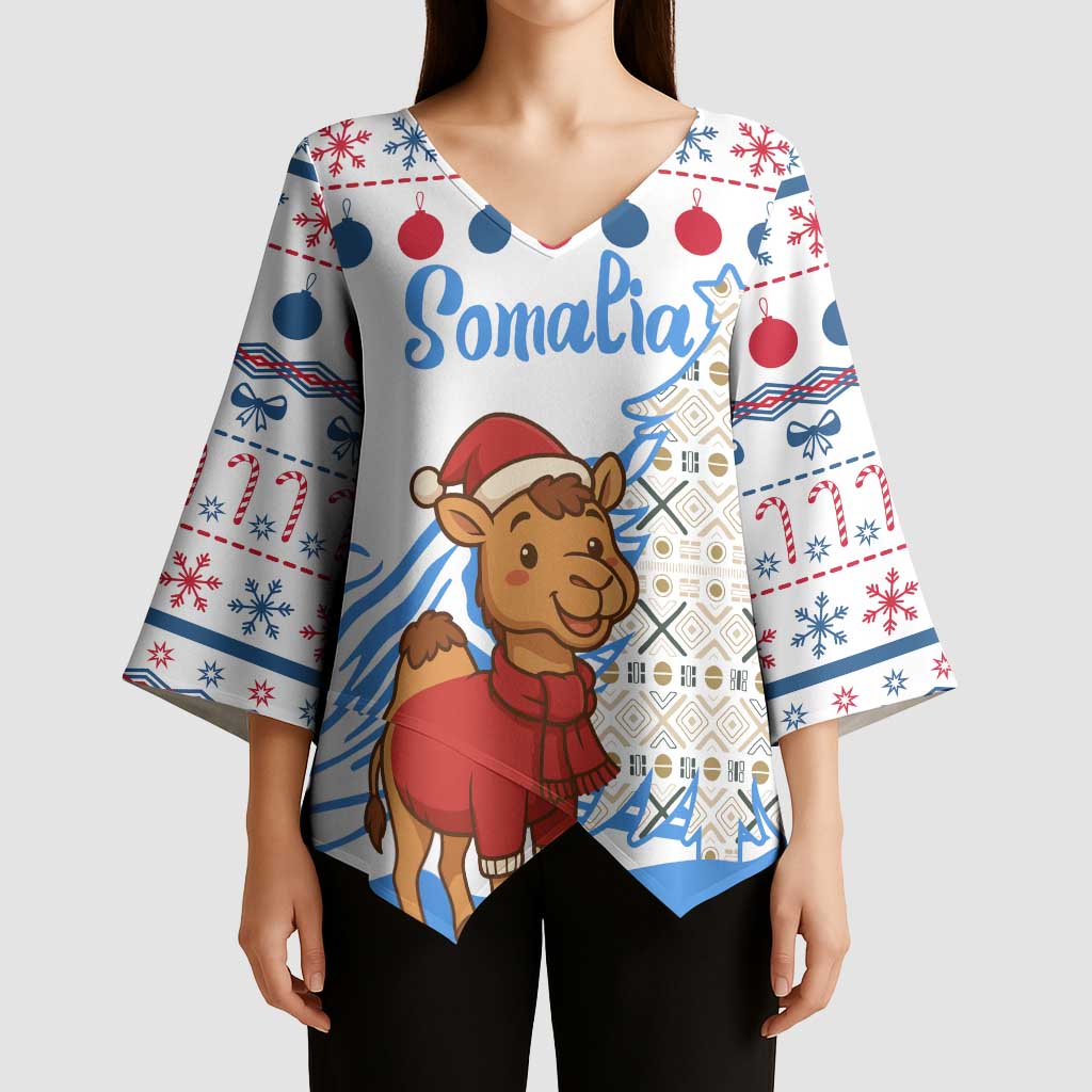 Somalia Christmas Kimono Sleeve Blouse with Santa on Camel Christmas Tree Ornaments Candy Canes and Snowflake - Wonder Print Shop