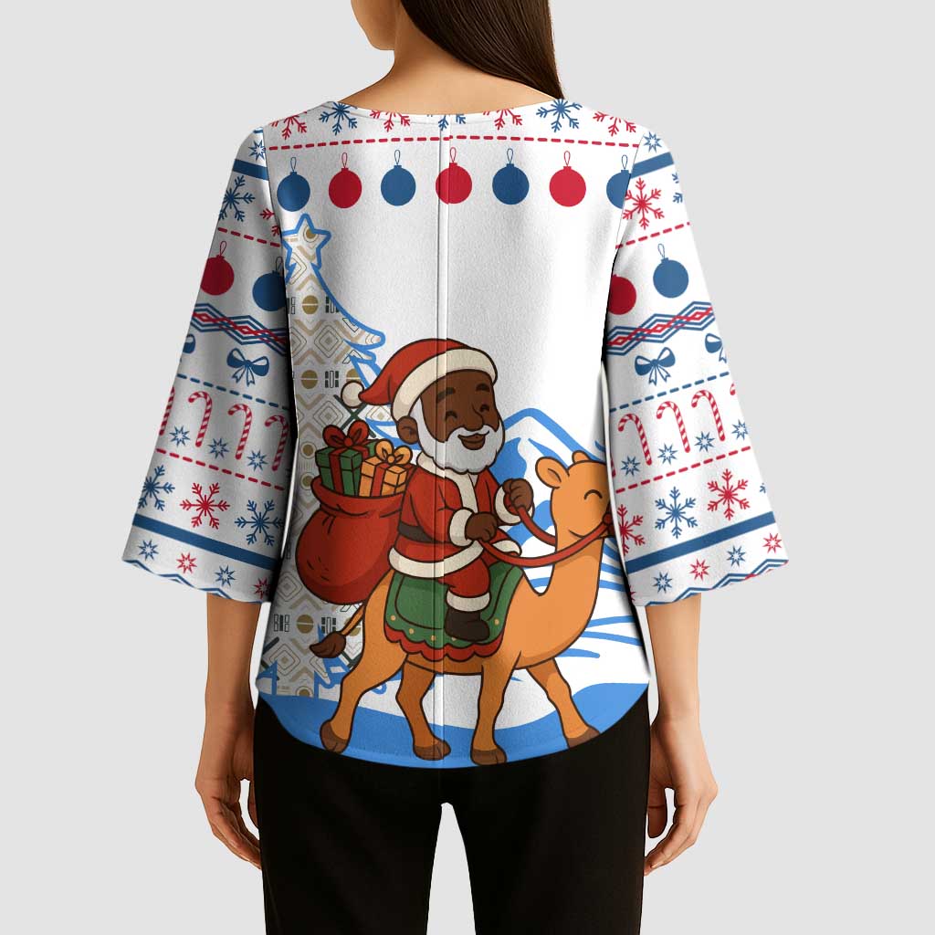 Somalia Christmas Kimono Sleeve Blouse with Santa on Camel Christmas Tree Ornaments Candy Canes and Snowflake - Wonder Print Shop