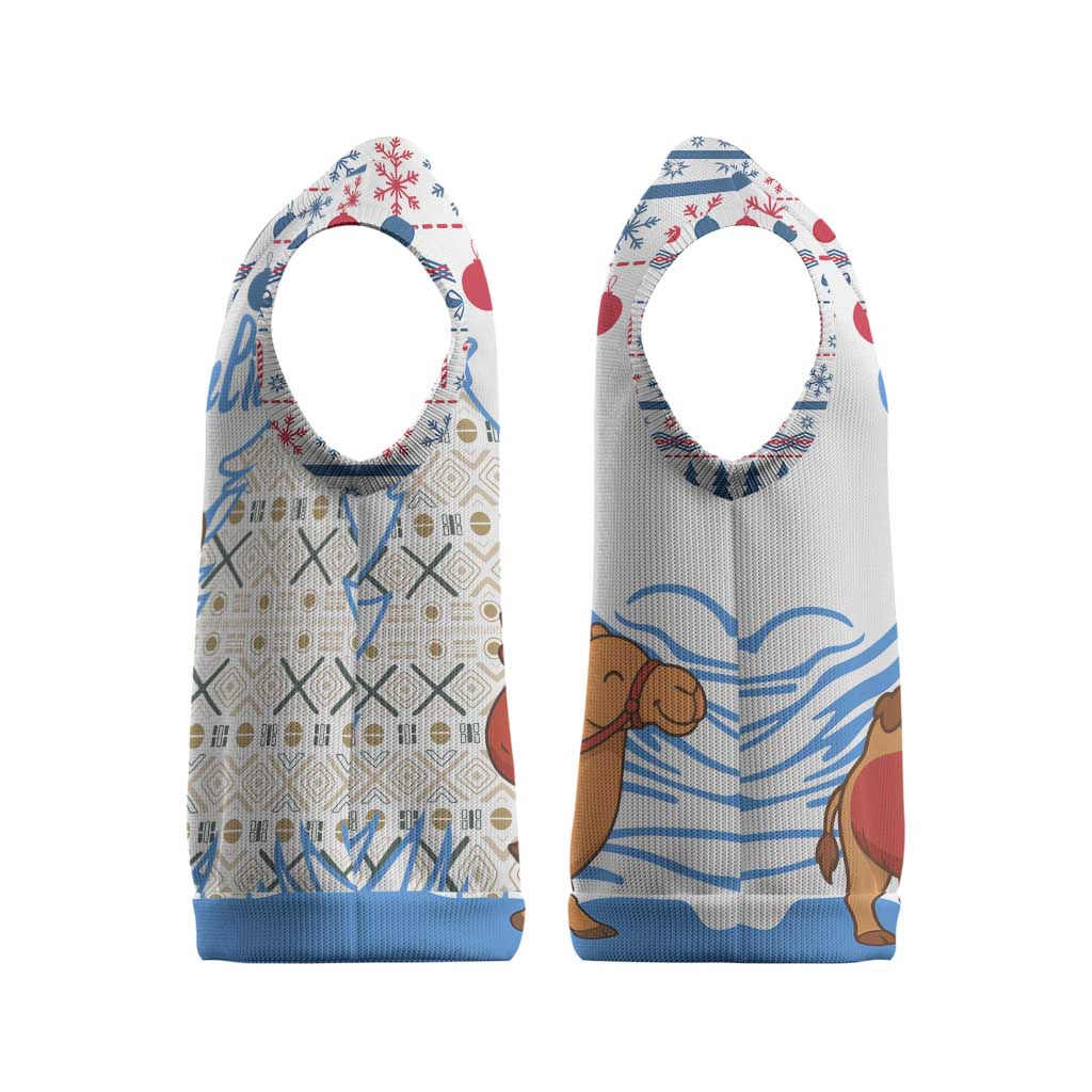 Somalia Christmas Knitted V-Neck Vest with Santa on Camel Christmas Tree Ornaments Candy Canes and Snowflake - Wonder Print Shop