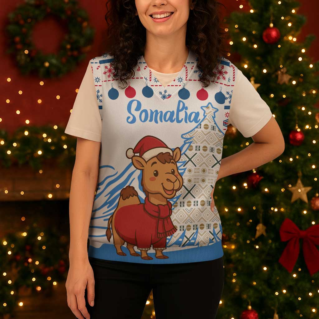 Somalia Christmas Knitted V-Neck Vest with Santa on Camel Christmas Tree Ornaments Candy Canes and Snowflake - Wonder Print Shop