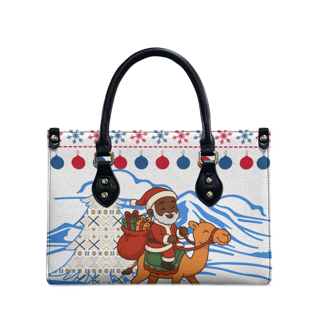Somalia Christmas Leather Bag with Santa on Camel Christmas Tree Ornaments Candy Canes and Snowflake - Wonder Print Shop