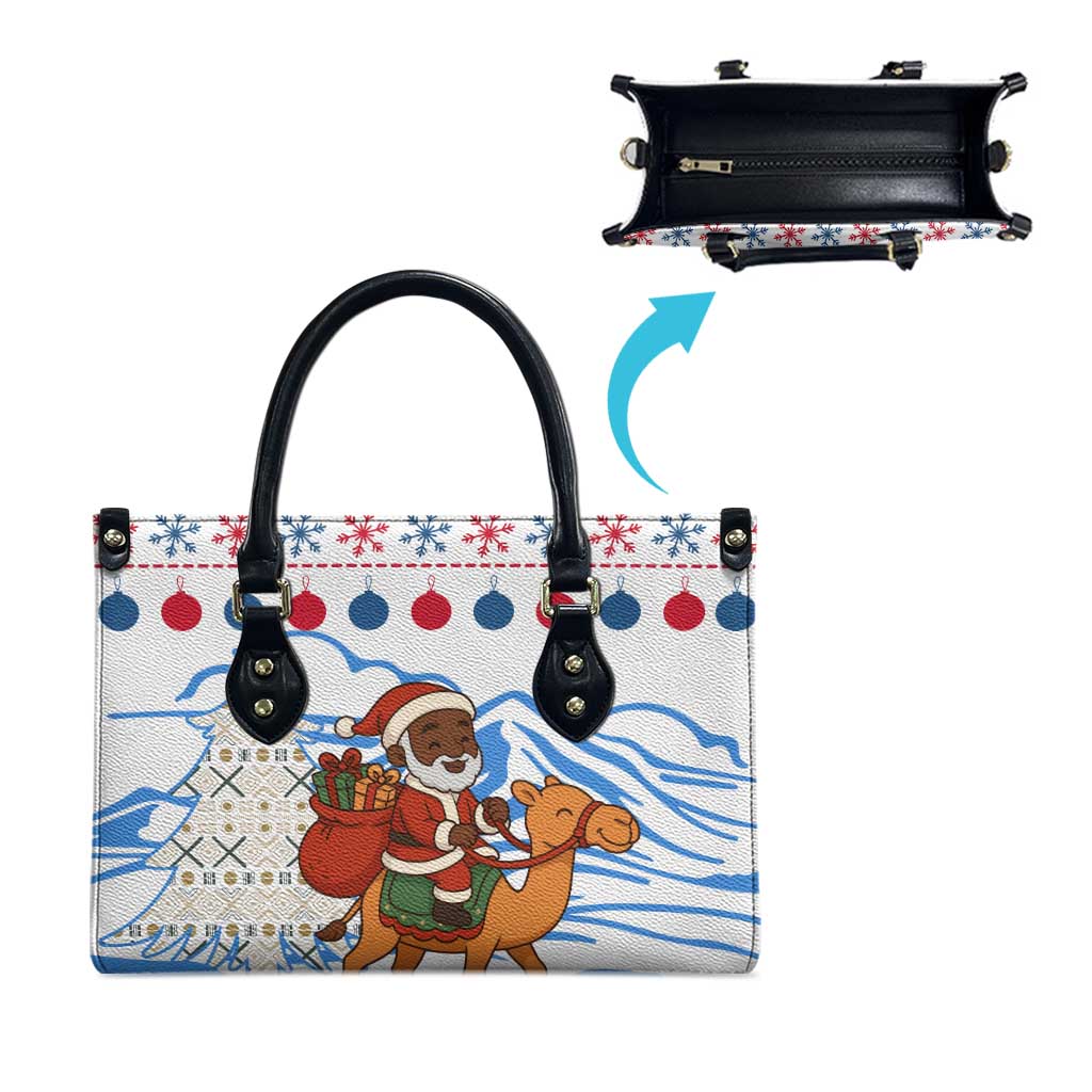 Somalia Christmas Leather Bag with Santa on Camel Christmas Tree Ornaments Candy Canes and Snowflake - Wonder Print Shop