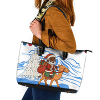 Somalia Christmas Leather Tote Bag with Santa on Camel Christmas Tree Ornaments Candy Canes and Snowflake - Wonder Print Shop