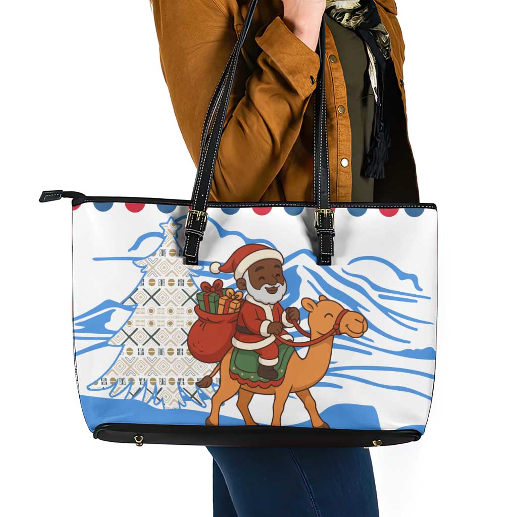Somalia Christmas Leather Tote Bag with Santa on Camel Christmas Tree Ornaments Candy Canes and Snowflake - Wonder Print Shop