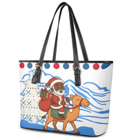 Somalia Christmas Leather Tote Bag with Santa on Camel Christmas Tree Ornaments Candy Canes and Snowflake - Wonder Print Shop