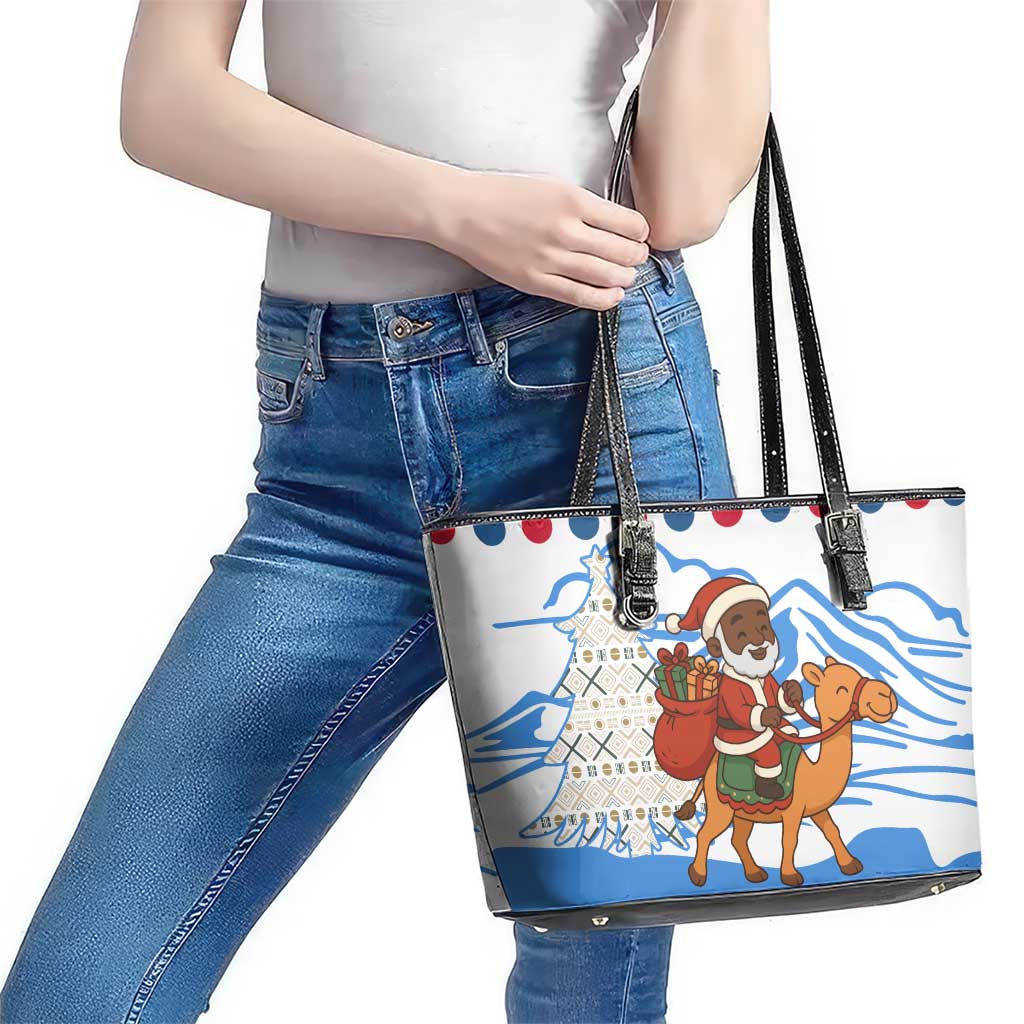 Somalia Christmas Leather Tote Bag with Santa on Camel Christmas Tree Ornaments Candy Canes and Snowflake - Wonder Print Shop