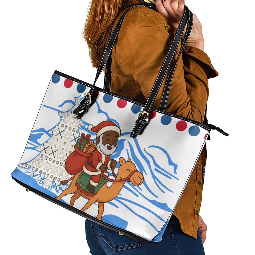 Somalia Christmas Leather Tote Bag with Santa on Camel Christmas Tree Ornaments Candy Canes and Snowflake - Wonder Print Shop