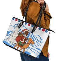 Somalia Christmas Leather Tote Bag with Santa on Camel Christmas Tree Ornaments Candy Canes and Snowflake - Wonder Print Shop
