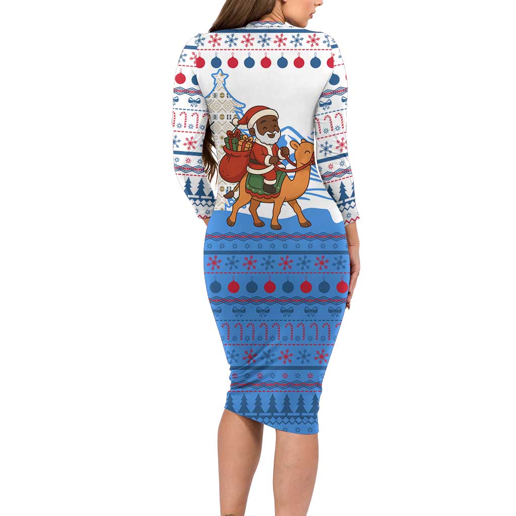 Somalia Christmas Long Sleeve Bodycon Dress with Santa on Camel Christmas Tree Ornaments Candy Canes and Snowflake - Wonder Print Shop