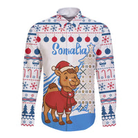 Somalia Christmas Long Sleeve Button Shirt with Santa on Camel Christmas Tree Ornaments Candy Canes and Snowflake - Wonder Print Shop