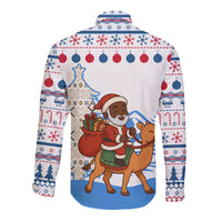 Somalia Christmas Long Sleeve Button Shirt with Santa on Camel Christmas Tree Ornaments Candy Canes and Snowflake - Wonder Print Shop