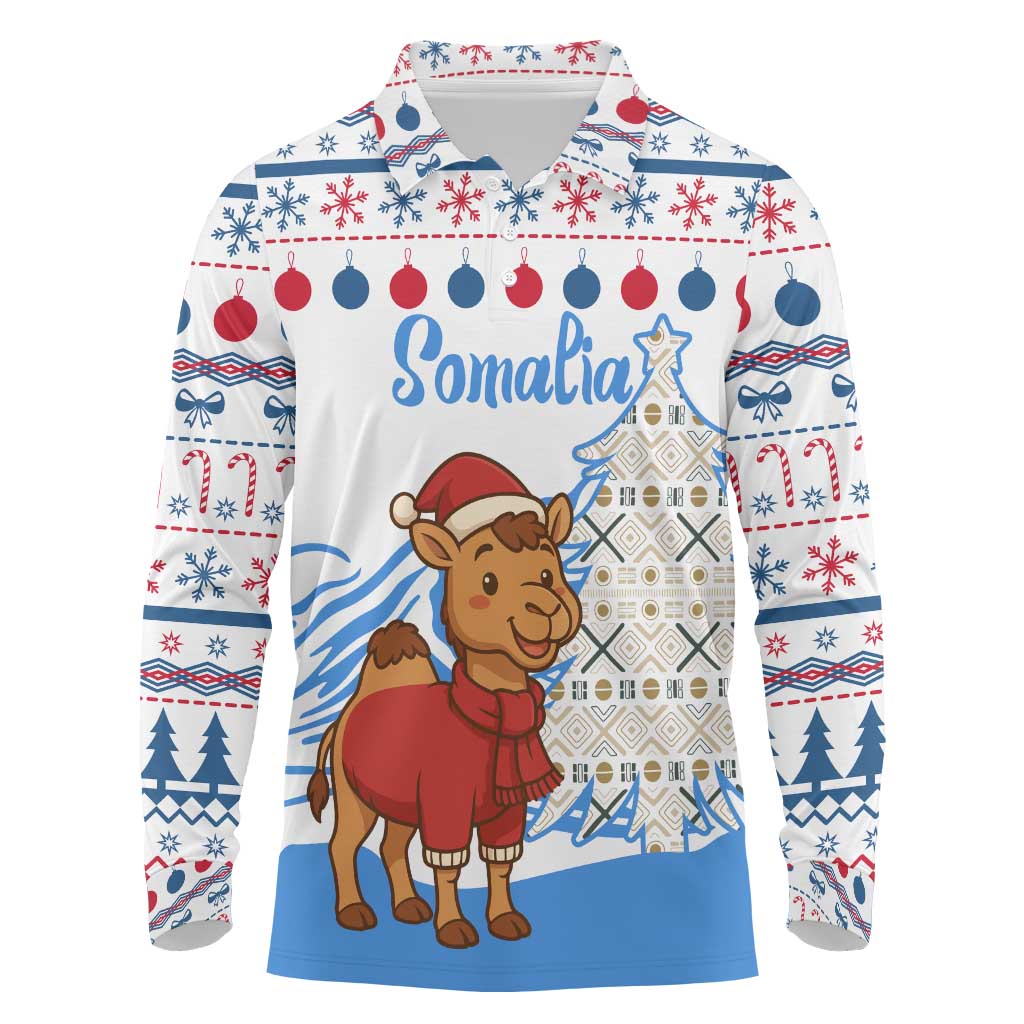 Somalia Christmas Long Sleeve Polo Shirt with Santa on Camel Christmas Tree Ornaments Candy Canes and Snowflake - Wonder Print Shop