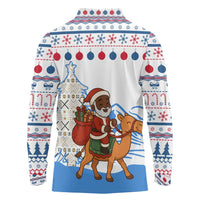 Somalia Christmas Long Sleeve Polo Shirt with Santa on Camel Christmas Tree Ornaments Candy Canes and Snowflake - Wonder Print Shop