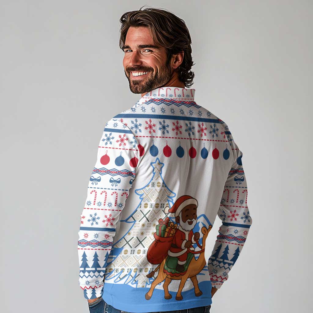 Somalia Christmas Long Sleeve Polo Shirt with Santa on Camel Christmas Tree Ornaments Candy Canes and Snowflake - Wonder Print Shop