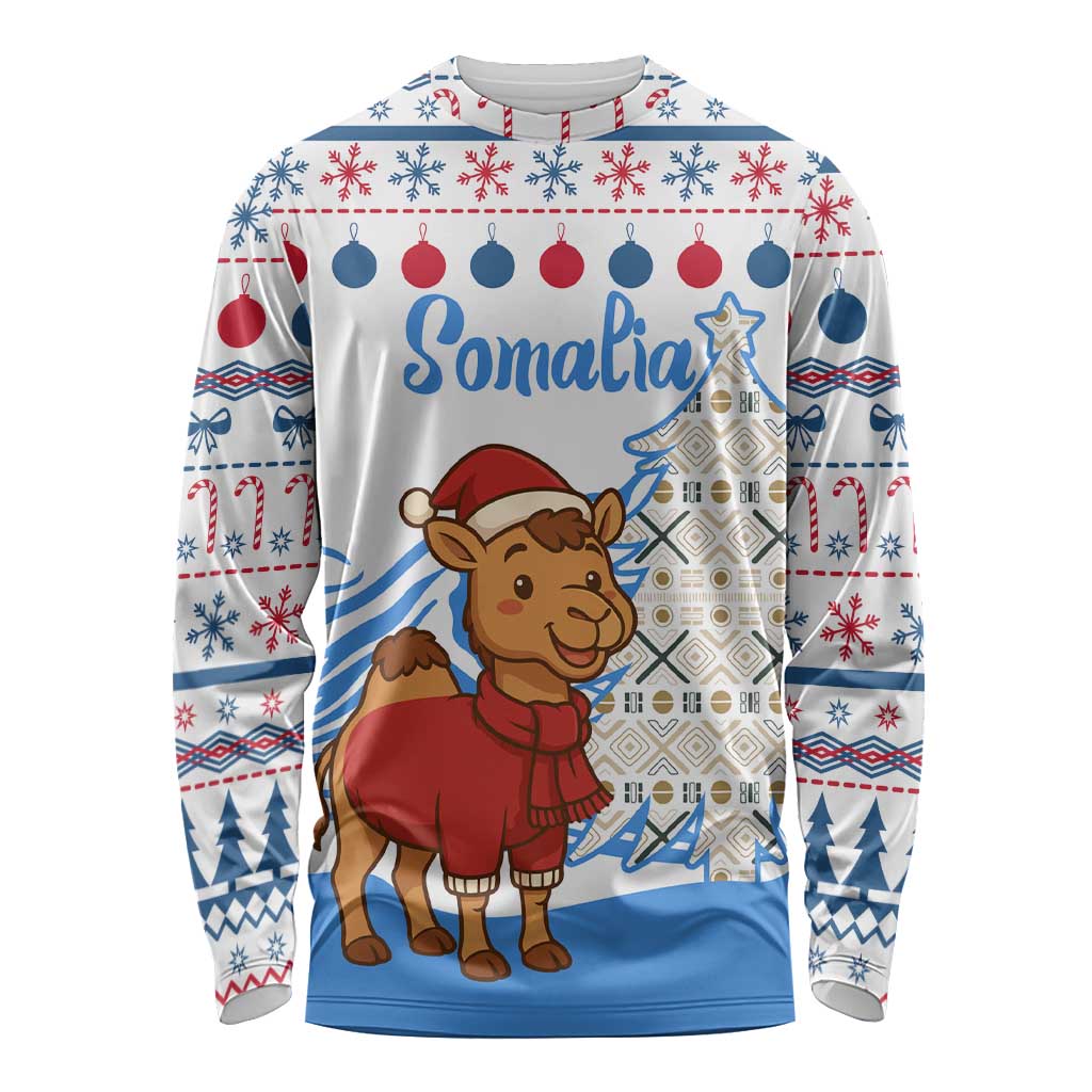 Somalia Christmas Long Sleeve Shirt with Santa on Camel Christmas Tree Ornaments Candy Canes and Snowflake - Wonder Print Shop