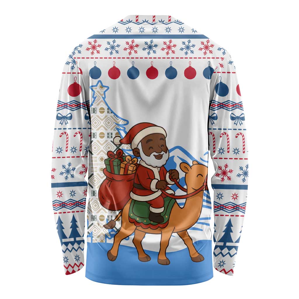 Somalia Christmas Long Sleeve Shirt with Santa on Camel Christmas Tree Ornaments Candy Canes and Snowflake - Wonder Print Shop