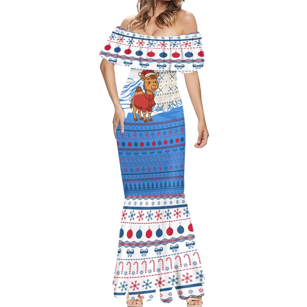 Somalia Christmas Mermaid Dress with Santa on Camel Christmas Tree Ornaments Candy Canes and Snowflake - Wonder Print Shop