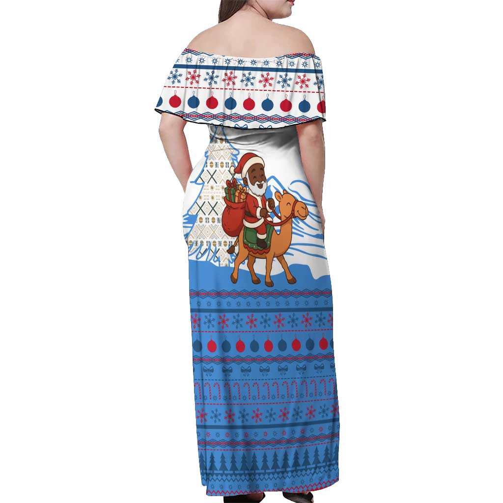 Somalia Christmas Off Shoulder Maxi Dress with Santa on Camel Christmas Tree Ornaments Candy Canes and Snowflake - Wonder Print Shop
