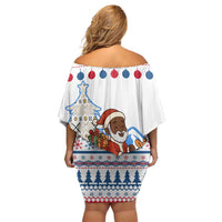 Somalia Christmas Off Shoulder Short Dress with Santa on Camel Christmas Tree Ornaments Candy Canes and Snowflake - Wonder Print Shop