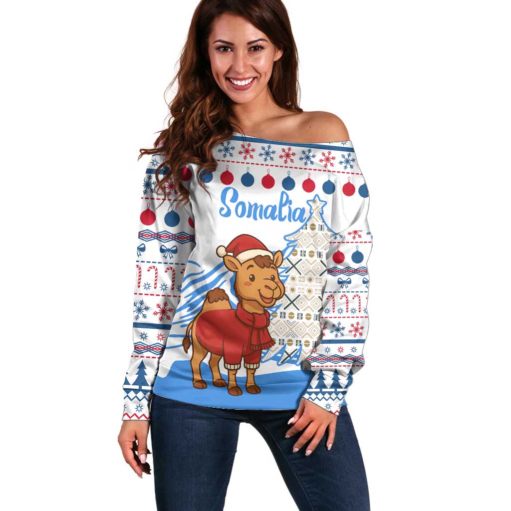 Somalia Christmas Off Shoulder Sweater with Santa on Camel Christmas Tree Ornaments Candy Canes and Snowflake - Wonder Print Shop