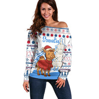Somalia Christmas Off Shoulder Sweater with Santa on Camel Christmas Tree Ornaments Candy Canes and Snowflake - Wonder Print Shop