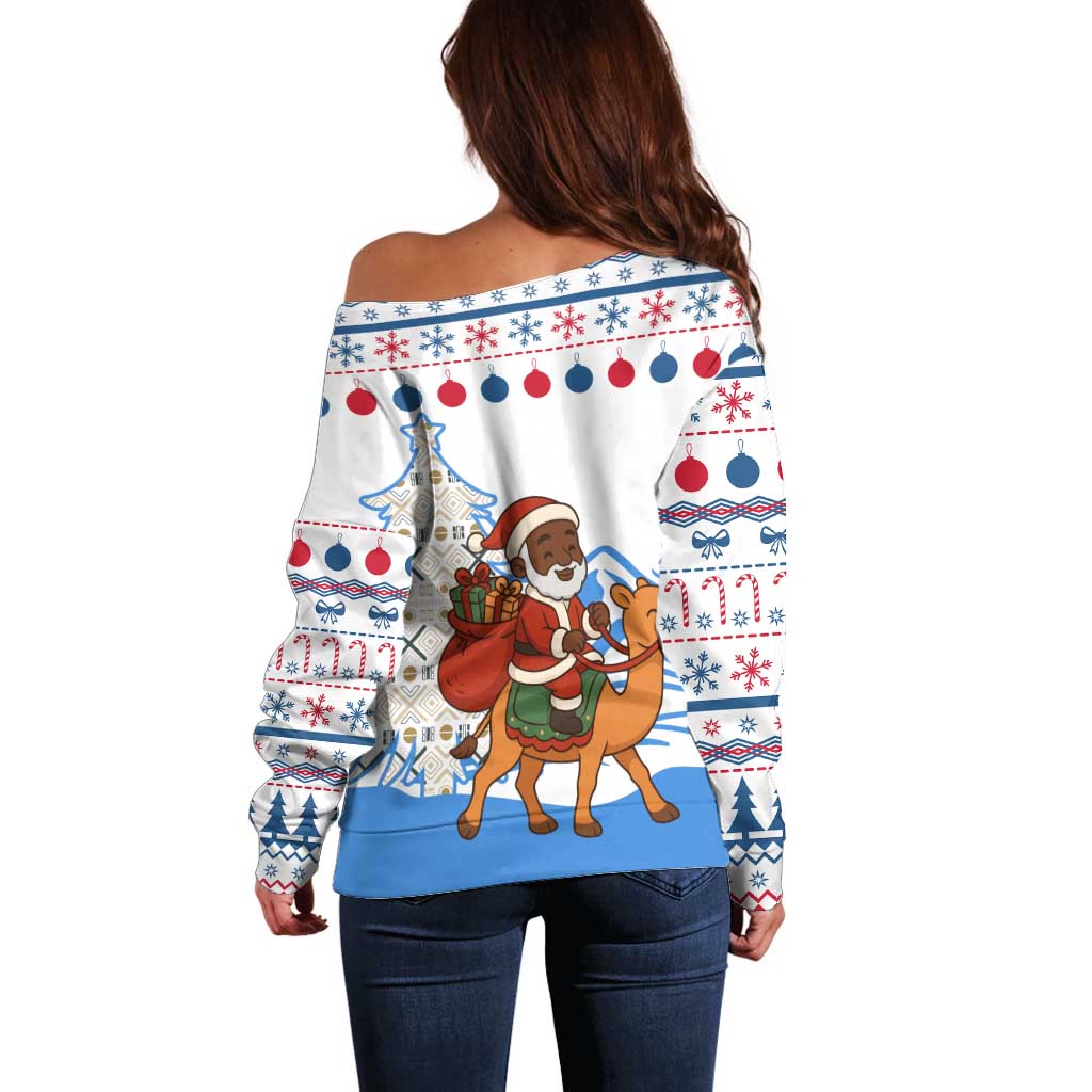 Somalia Christmas Off Shoulder Sweater with Santa on Camel Christmas Tree Ornaments Candy Canes and Snowflake - Wonder Print Shop