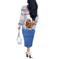 Somalia Christmas Off The Shoulder Long Sleeve Dress with Santa on Camel Christmas Tree Ornaments Candy Canes and Snowflake - Wonder Print Shop