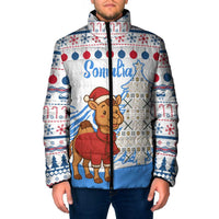 Somalia Christmas Padded Jacket with Santa on Camel Christmas Tree Ornaments Candy Canes and Snowflake - Wonder Print Shop