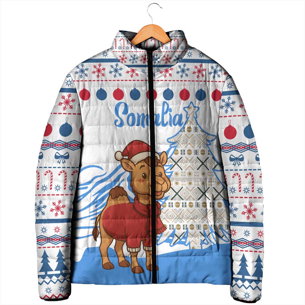 Somalia Christmas Padded Jacket with Santa on Camel Christmas Tree Ornaments Candy Canes and Snowflake - Wonder Print Shop