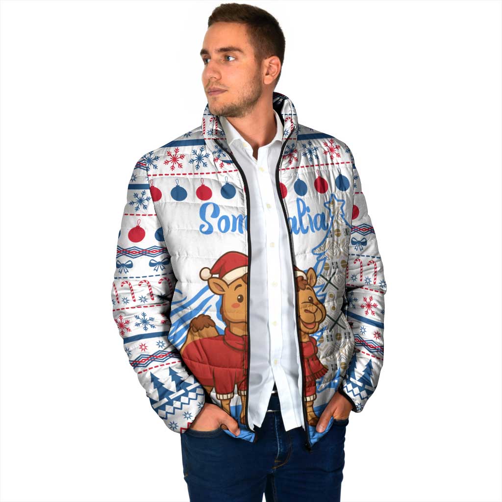Somalia Christmas Padded Jacket with Santa on Camel Christmas Tree Ornaments Candy Canes and Snowflake - Wonder Print Shop