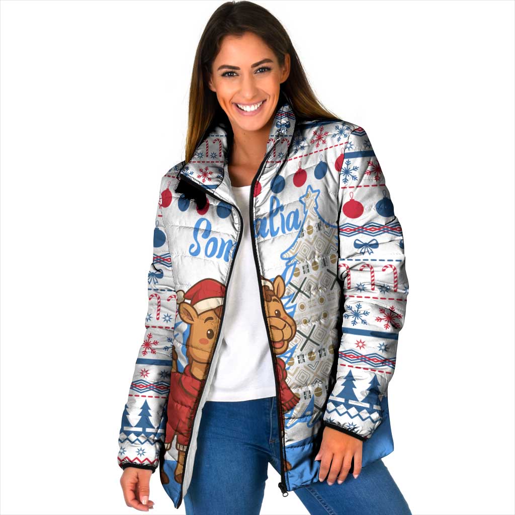 Somalia Christmas Padded Jacket with Santa on Camel Christmas Tree Ornaments Candy Canes and Snowflake - Wonder Print Shop