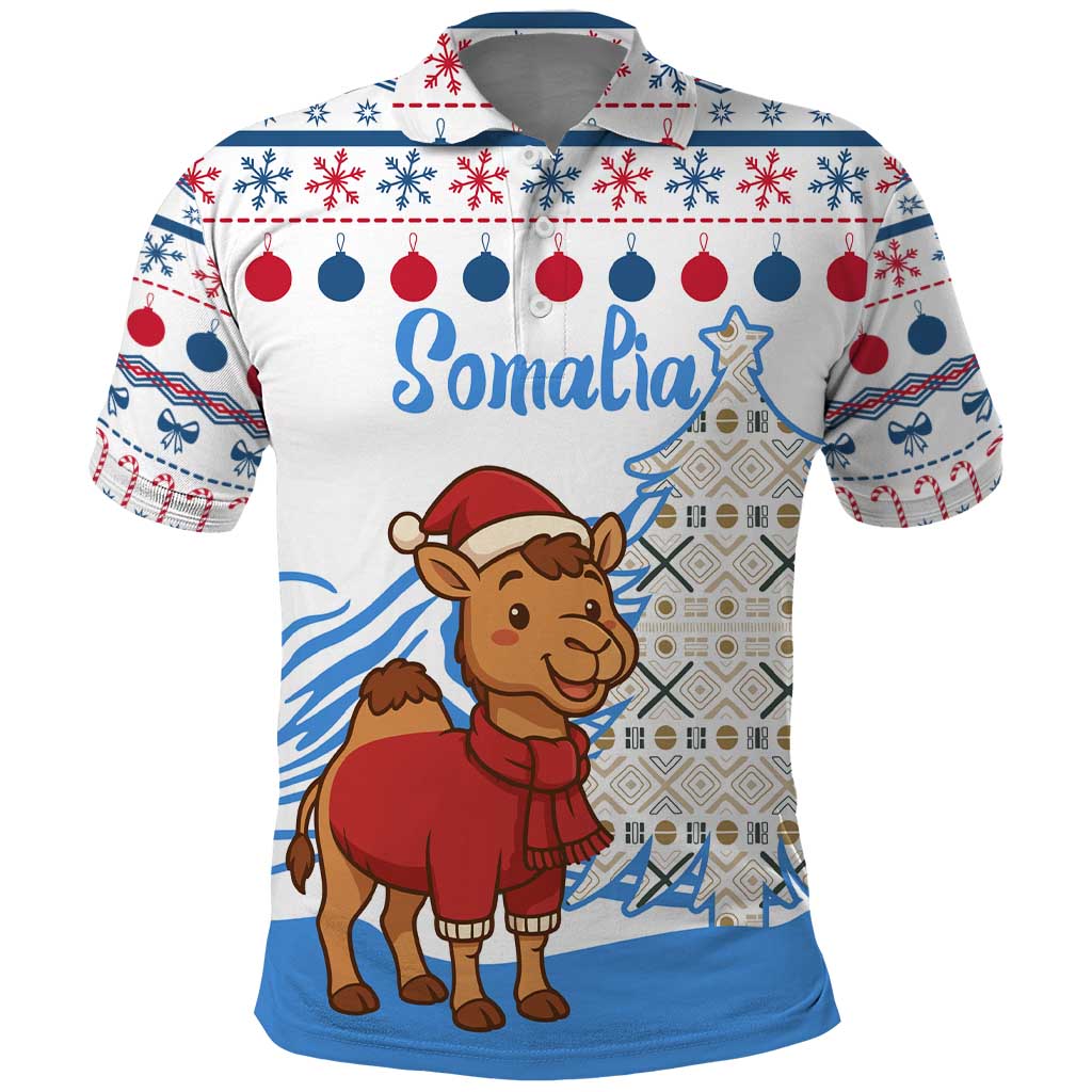 Somalia Christmas Polo Shirt with Santa on Camel Christmas Tree Ornaments Candy Canes and Snowflake - Wonder Print Shop