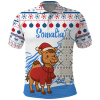Somalia Christmas Polo Shirt with Santa on Camel Christmas Tree Ornaments Candy Canes and Snowflake - Wonder Print Shop