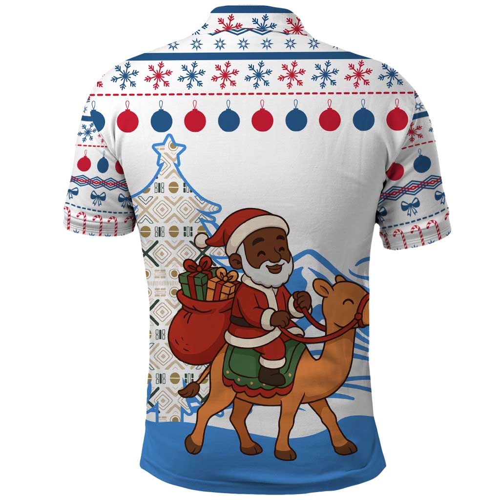 Somalia Christmas Polo Shirt with Santa on Camel Christmas Tree Ornaments Candy Canes and Snowflake - Wonder Print Shop