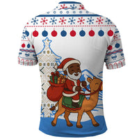 Somalia Christmas Polo Shirt with Santa on Camel Christmas Tree Ornaments Candy Canes and Snowflake - Wonder Print Shop