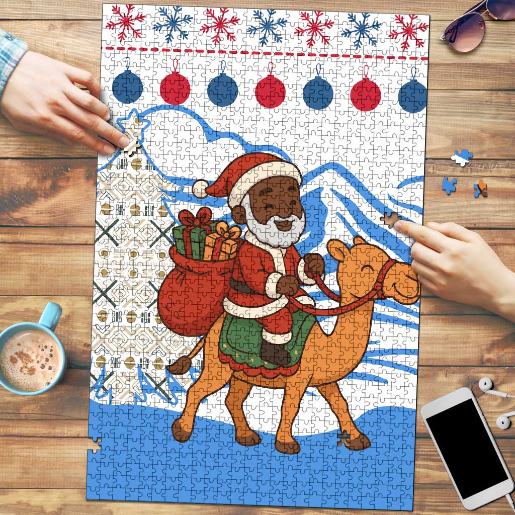 Somalia Christmas Puzzle with Santa on Camel Christmas Tree Ornaments Candy Canes and Snowflake - Wonder Print Shop