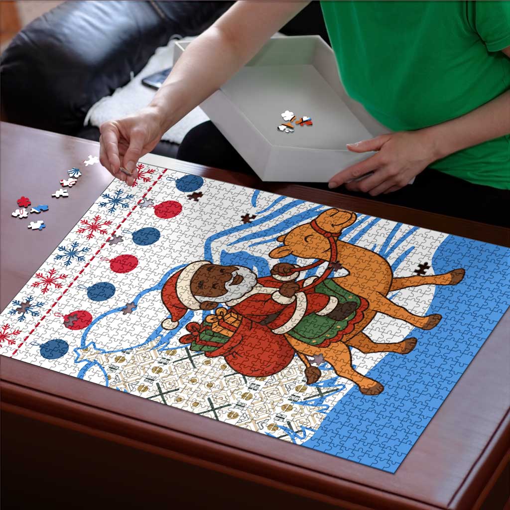 Somalia Christmas Puzzle with Santa on Camel Christmas Tree Ornaments Candy Canes and Snowflake - Wonder Print Shop