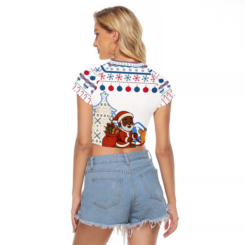 Somalia Christmas Raglan Cropped T Shirt with Santa on Camel Christmas Tree Ornaments Candy Canes and Snowflake - Wonder Print Shop