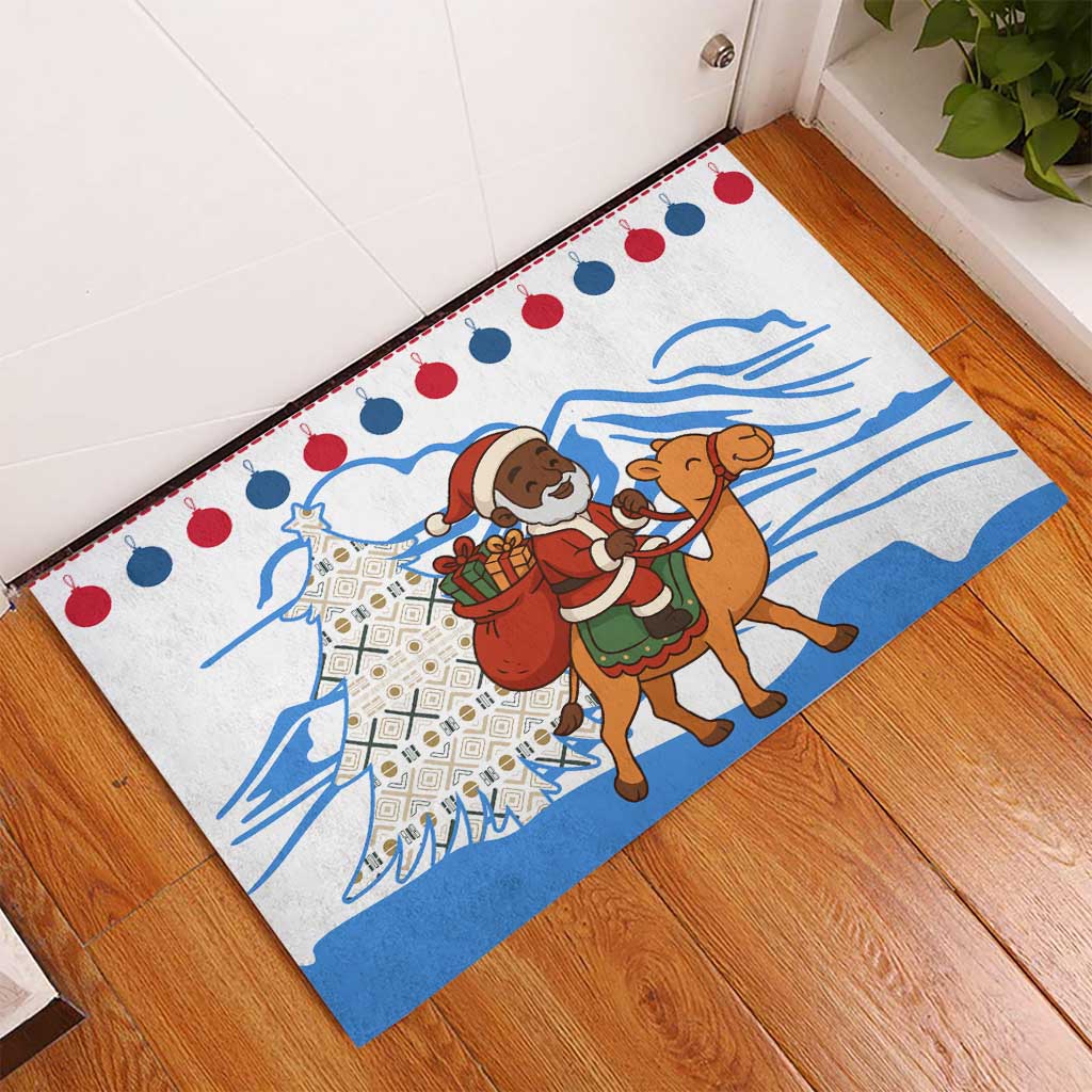Somalia Christmas Rubber Doormat with Santa on Camel Christmas Tree Ornaments Candy Canes and Snowflake - Wonder Print Shop