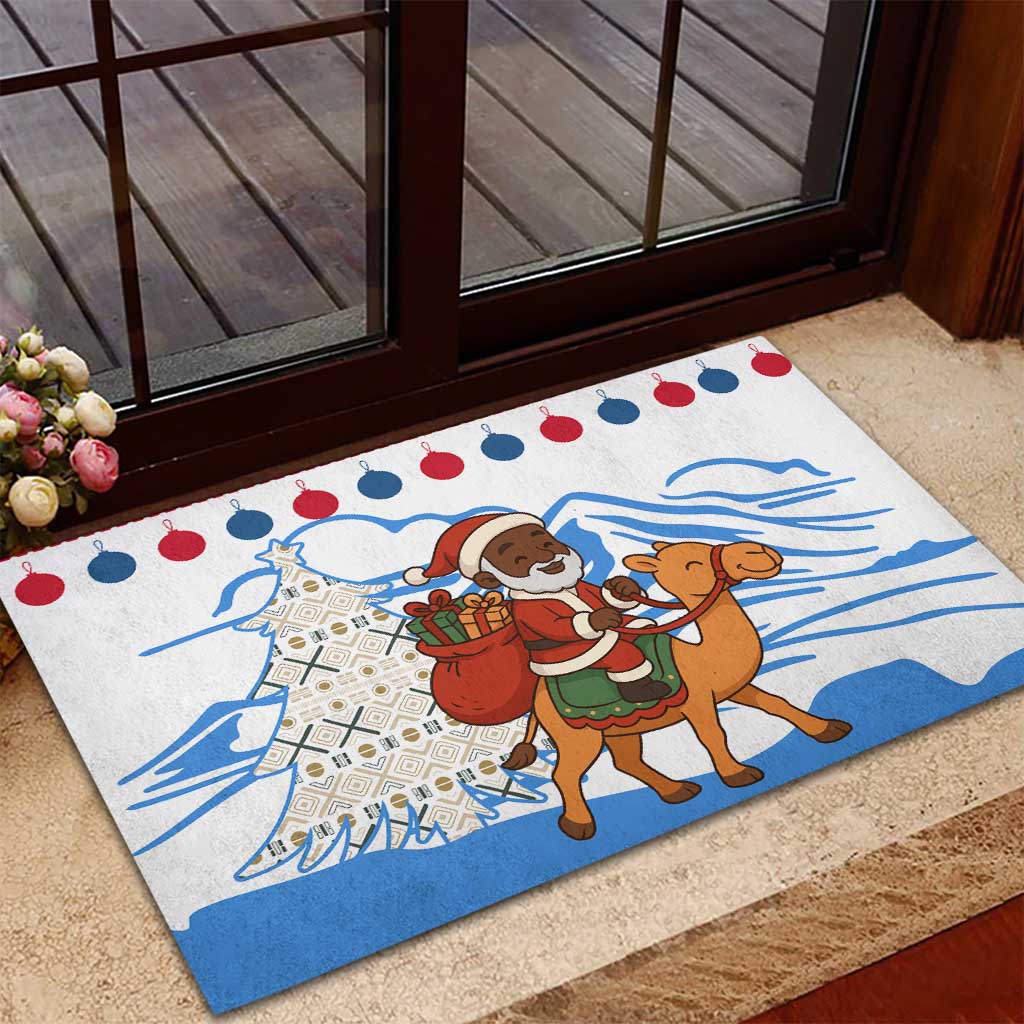 Somalia Christmas Rubber Doormat with Santa on Camel Christmas Tree Ornaments Candy Canes and Snowflake - Wonder Print Shop