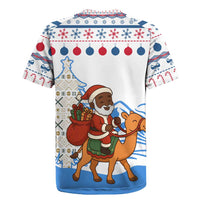 Somalia Christmas Rugby Jersey with Santa on Camel Christmas Tree Ornaments Candy Canes and Snowflake - Wonder Print Shop