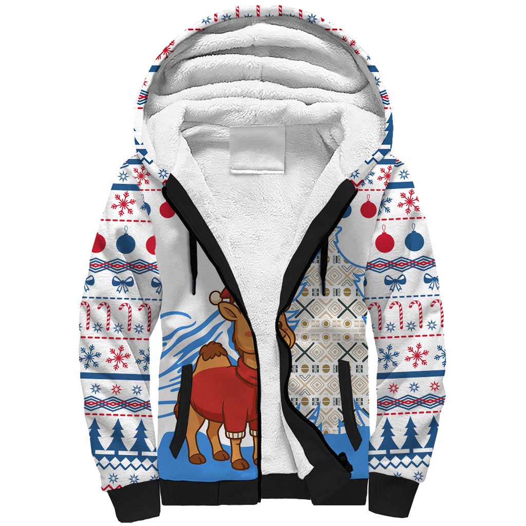 Somalia Christmas Sherpa Hoodie with Santa on Camel Christmas Tree Ornaments Candy Canes and Snowflake - Wonder Print Shop
