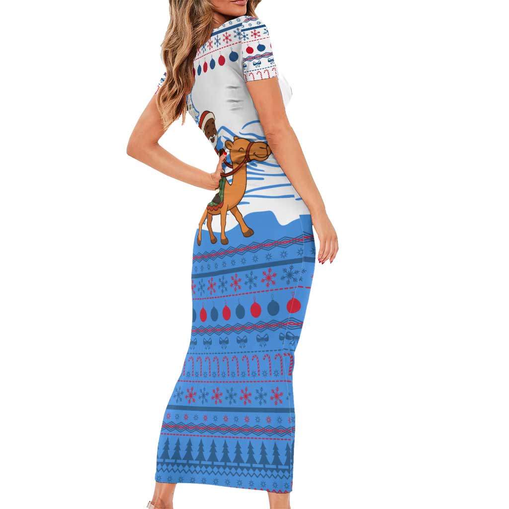 Somalia Christmas Short Sleeve Bodycon Dress with Santa on Camel Christmas Tree Ornaments Candy Canes and Snowflake - Wonder Print Shop