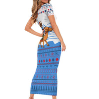 Somalia Christmas Short Sleeve Bodycon Dress with Santa on Camel Christmas Tree Ornaments Candy Canes and Snowflake - Wonder Print Shop