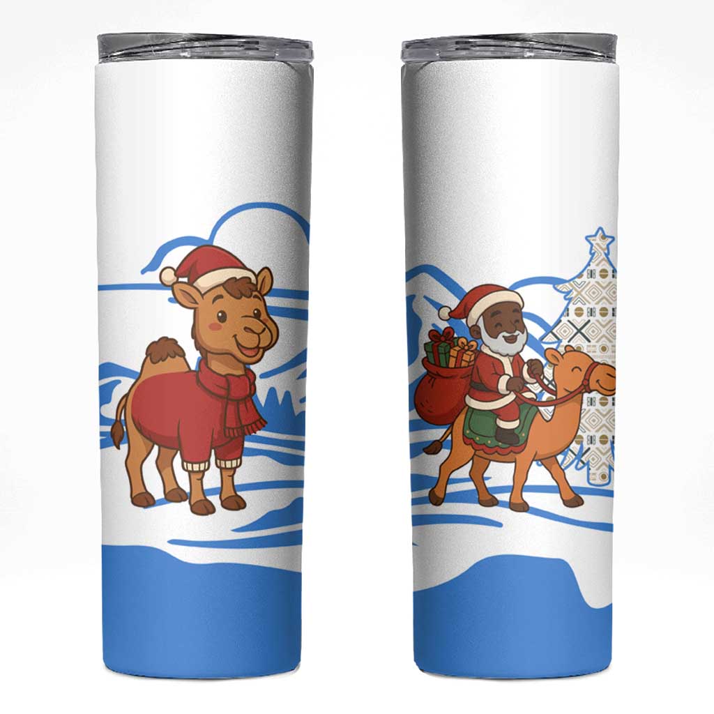 Somalia Christmas Skinny Tumbler with Santa on Camel Christmas Tree Ornaments Candy Canes and Snowflake - Wonder Print Shop