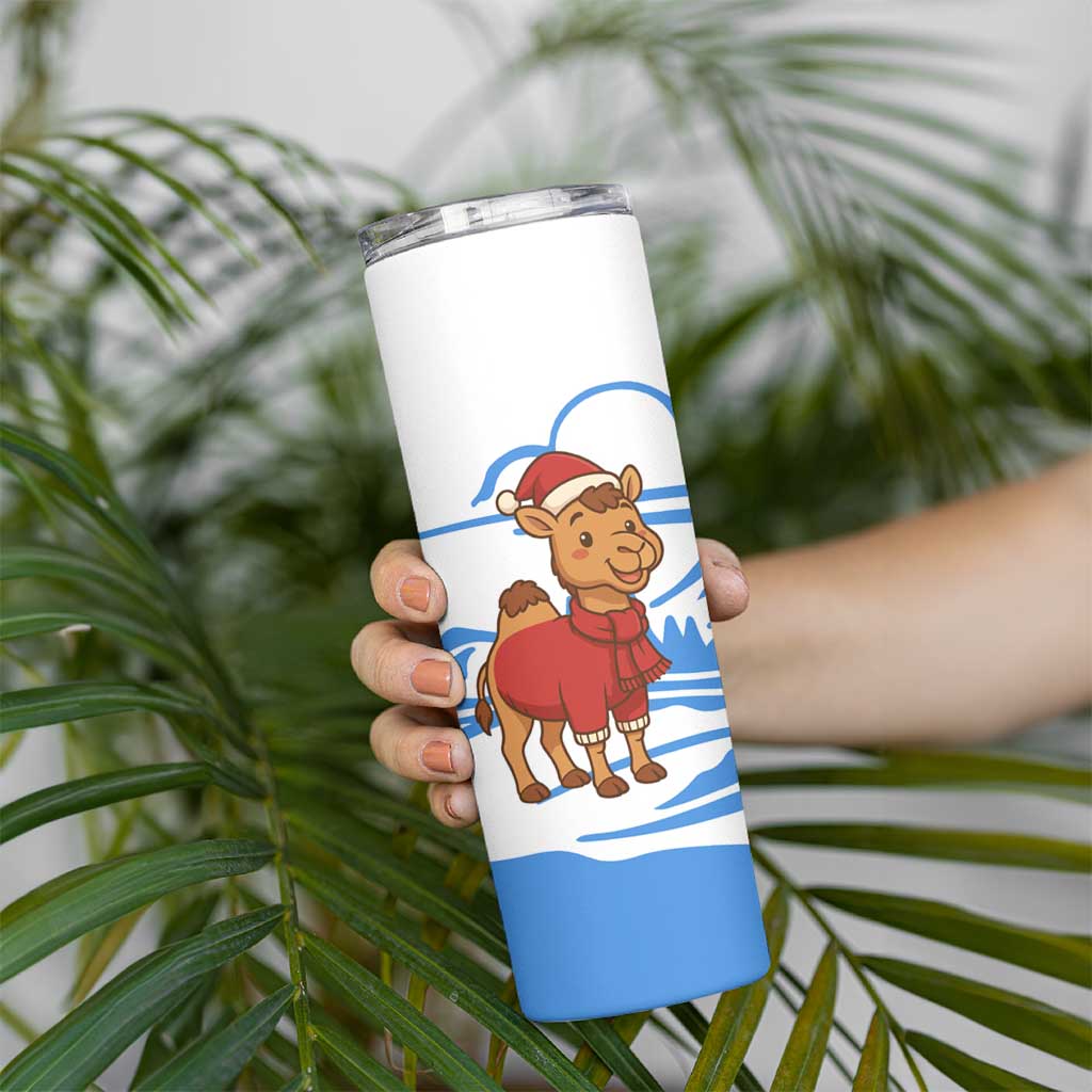 Somalia Christmas Skinny Tumbler with Santa on Camel Christmas Tree Ornaments Candy Canes and Snowflake - Wonder Print Shop