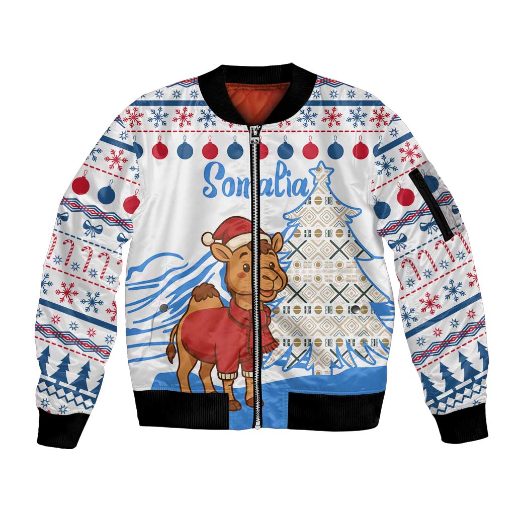 Somalia Christmas Sleeve Zip Bomber Jacket with Santa on Camel Christmas Tree Ornaments Candy Canes and Snowflake - Wonder Print Shop